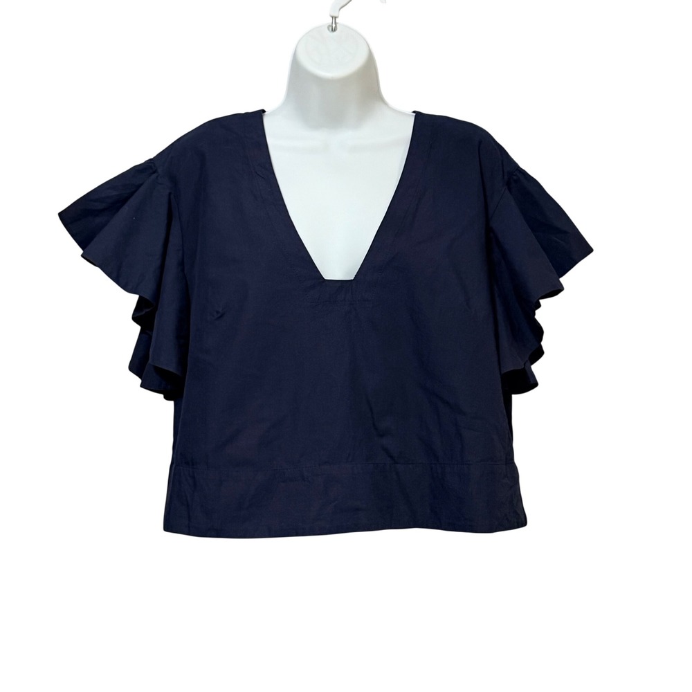 Maeve by Anthropologie Navy Blue Ruffle Flutter Sleeve V-Neck Cotton Blouse M